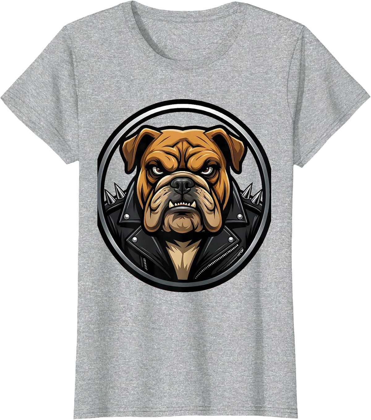 Bulldog Biker Spiked Leather Jacket Graphic T-Shirt - Heather Grey