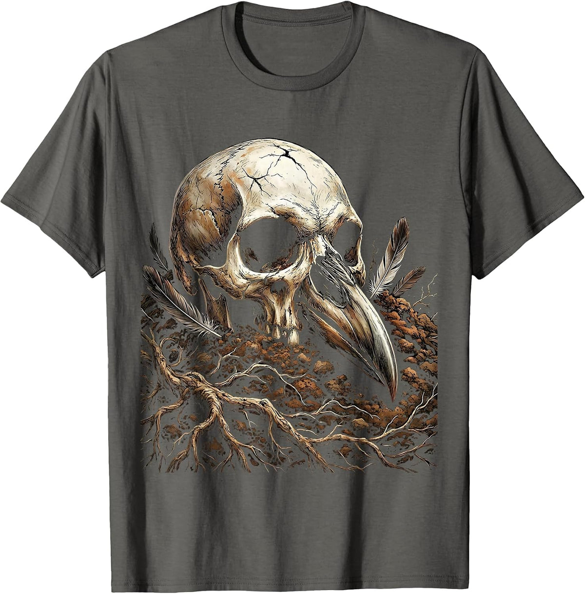 Crow Skull Half Buried in Dirt Dark Gothic Art T-Shirt - Asphalt Grey