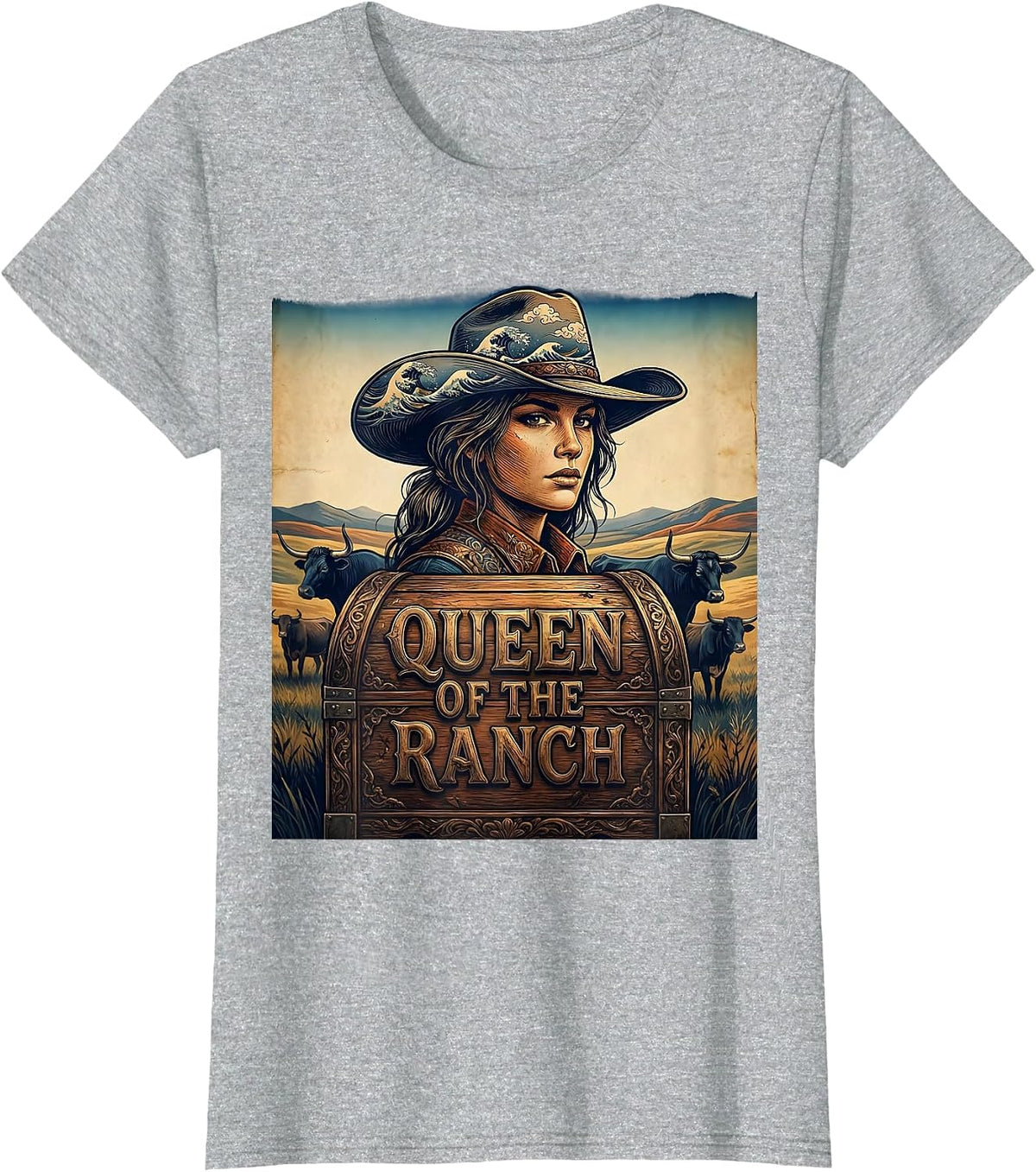 Queen of the Ranch Cow Design T-Shirt - Heather Grey