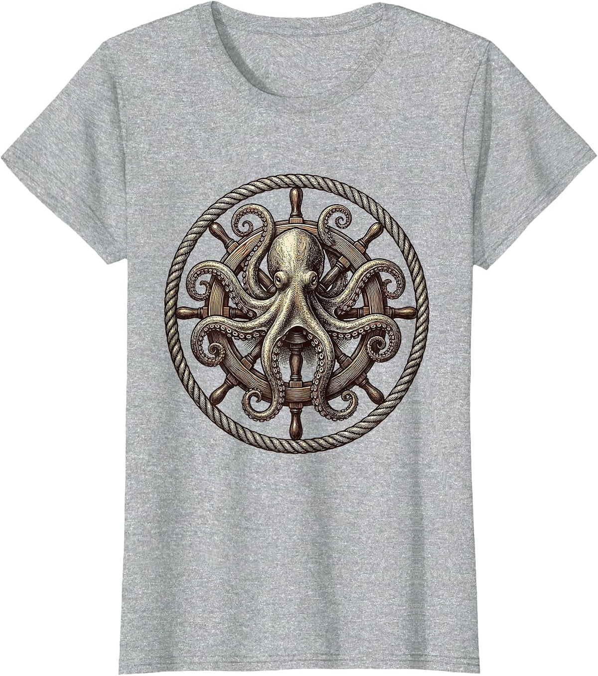 Octopus Steering Wheel Vintage Nautical Graphic T-Shirt - Heather Grey