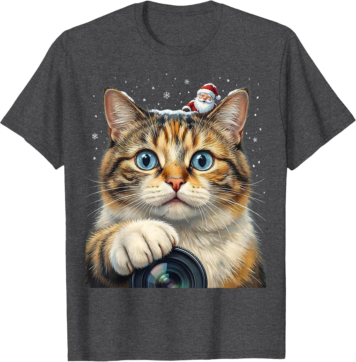 Men's Cat Selfie With Santa Storybook Funny Christmas Humor T-Shirt - Dark Heather Grey