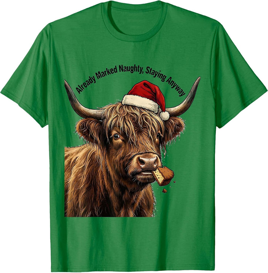 Men's Already Marked Naughty Staying Anyway Funny Highland Cow T-Shirt - Kelly Green