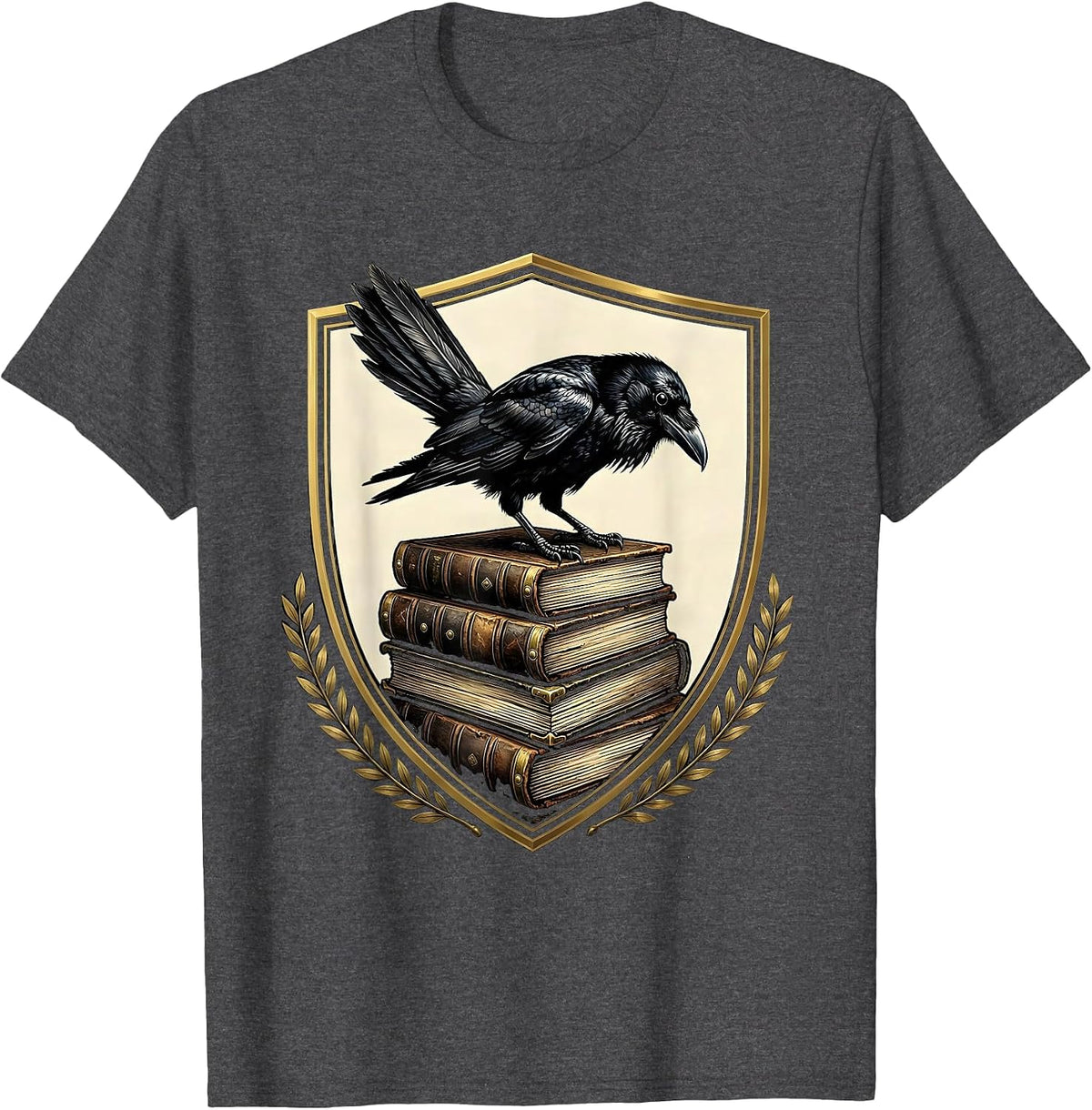 Men's Crow on Stacked Old Leather Books Illustration T-Shirt - Dark Heather Grey