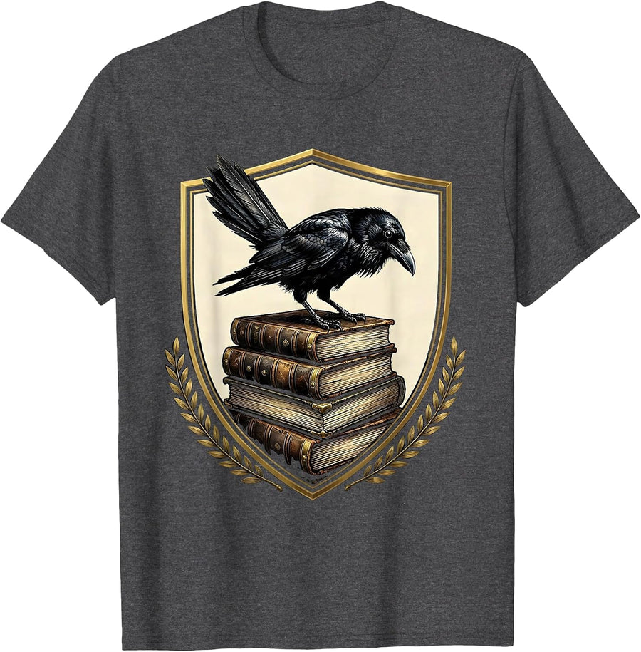 Men's Crow on Stacked Old Leather Books Illustration T-Shirt - Dark Heather Grey