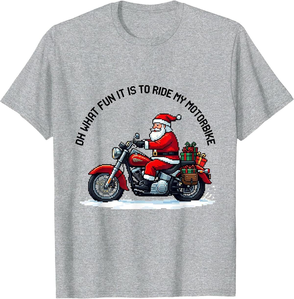 Men's Oh What Fun It Is To Ride My Motorbike Pixel Art Biker Santa T-Shirt - Heather Grey