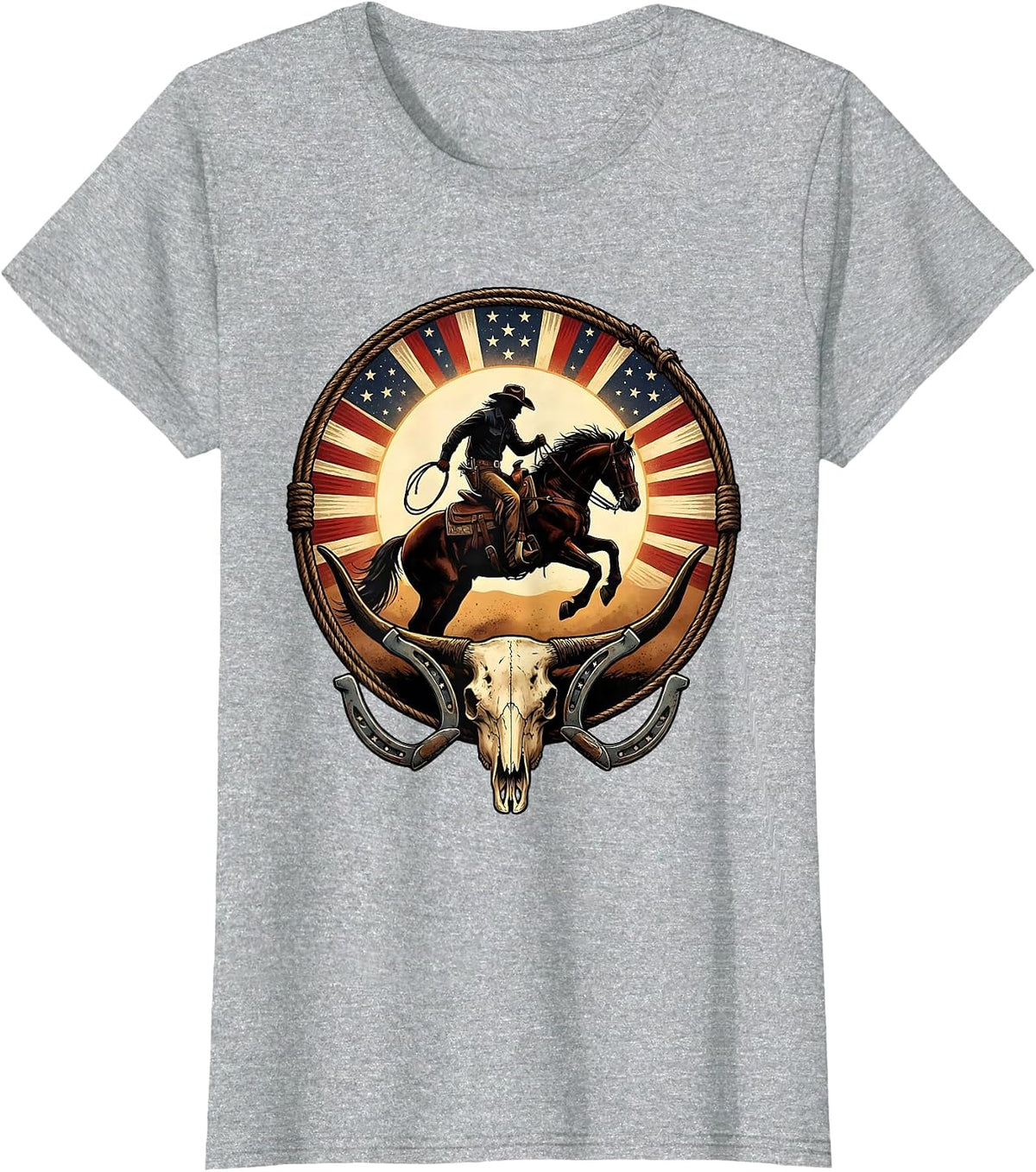 Cowboy Silhouette Desert Sun Rodeo Graphic T-Shirt - Heather Grey
