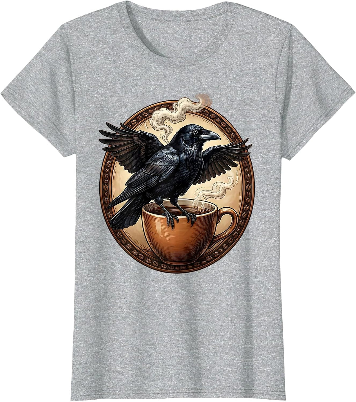Women's Crow Perched on Steaming Coffee Mug Illustration T-Shirt - Heather Grey