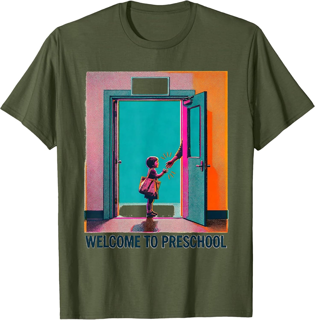 Men's Welcome To Preschool Risograph Playful Teacher Appreciation T-Shirt - Olive Green