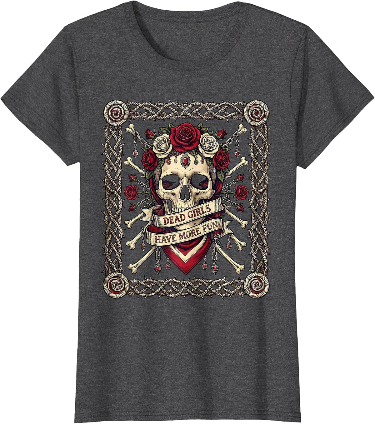 Women's Dead Girls Have More Fun Skeleton Design T-Shirt - Dark Heather Grey