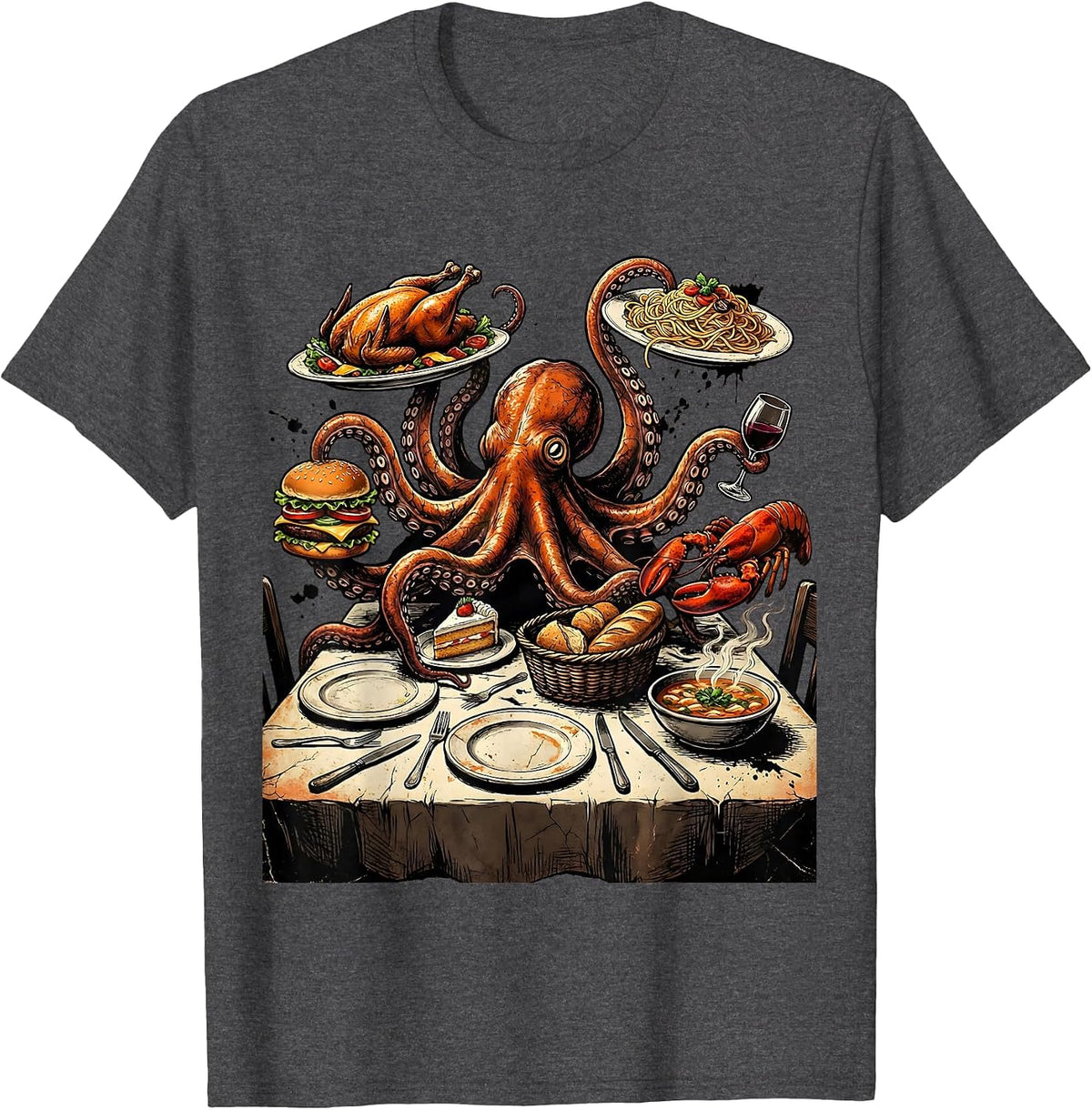 Octopus Stealing Food at Restaurant Table T-Shirt - Dark Heather Grey