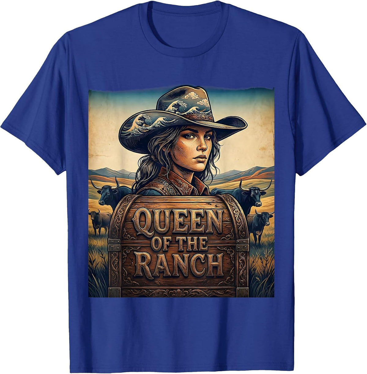 Queen of the Ranch Cow Design T-Shirt - Royal Blue