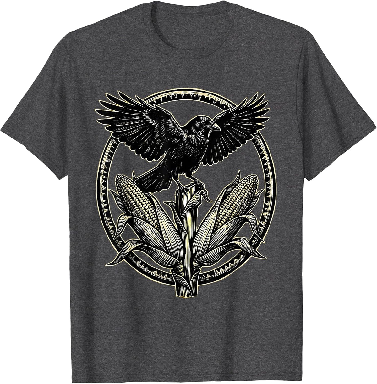 Crow Perched on Corn Stalk Harvest Illustration T-Shirt - Dark Heather Grey