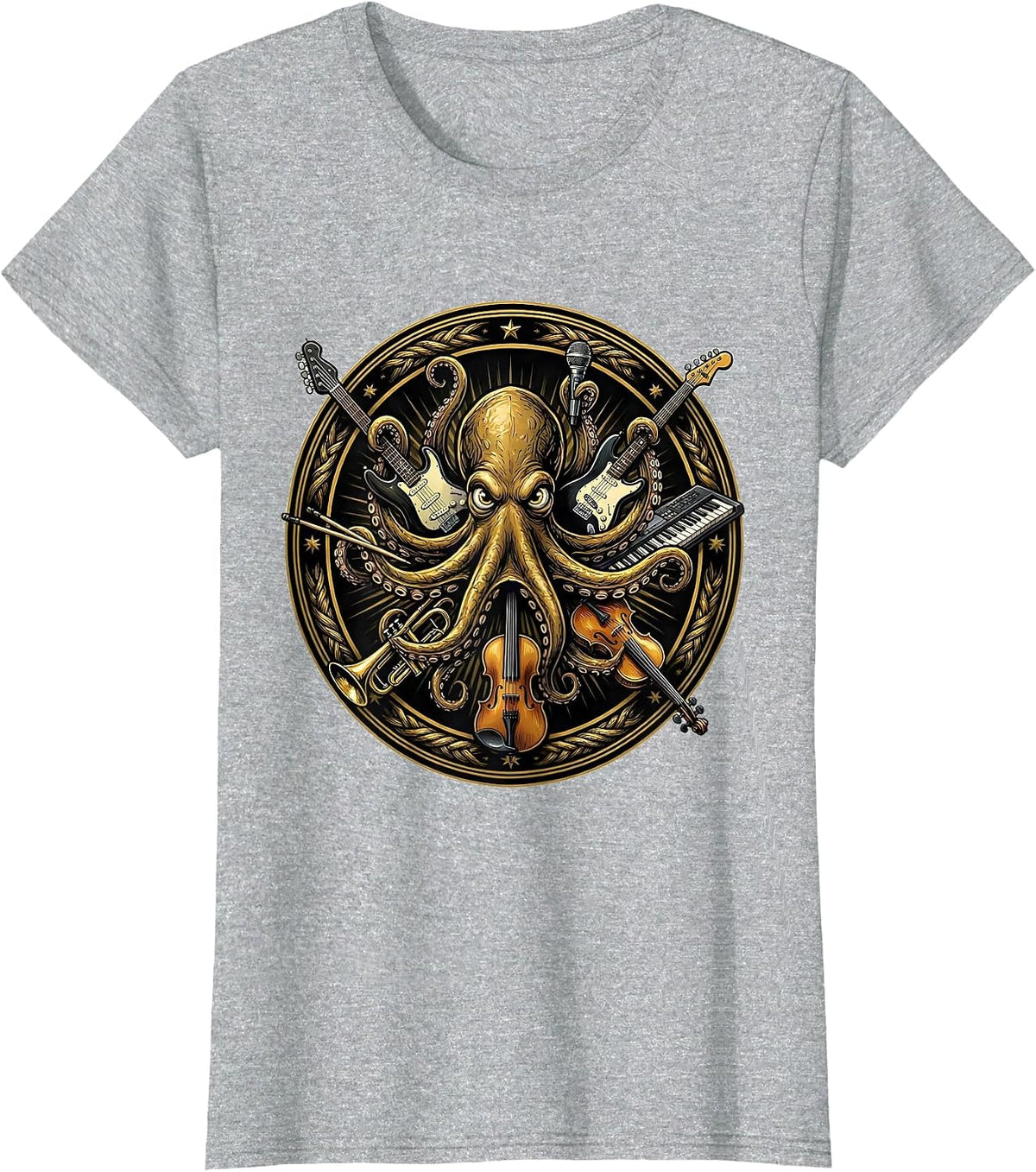 Octopus Rock Band Musician Graphic Tee T-Shirt - Heather Grey