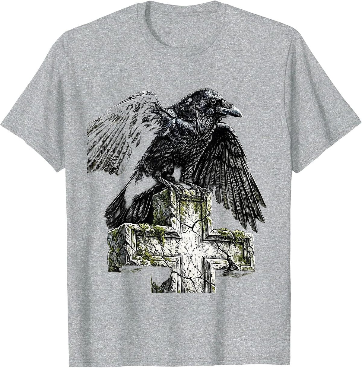 Men's Crow on Gravestone Cross Gothic Art Design T-Shirt - Heather Grey