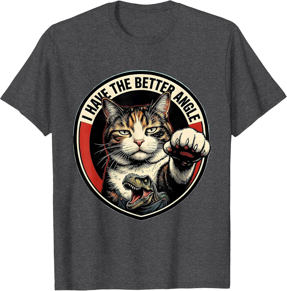 Men's I Have The Better Angle Comic Book Cat Selfie With T-Rex T-Shirt - Dark Heather Grey