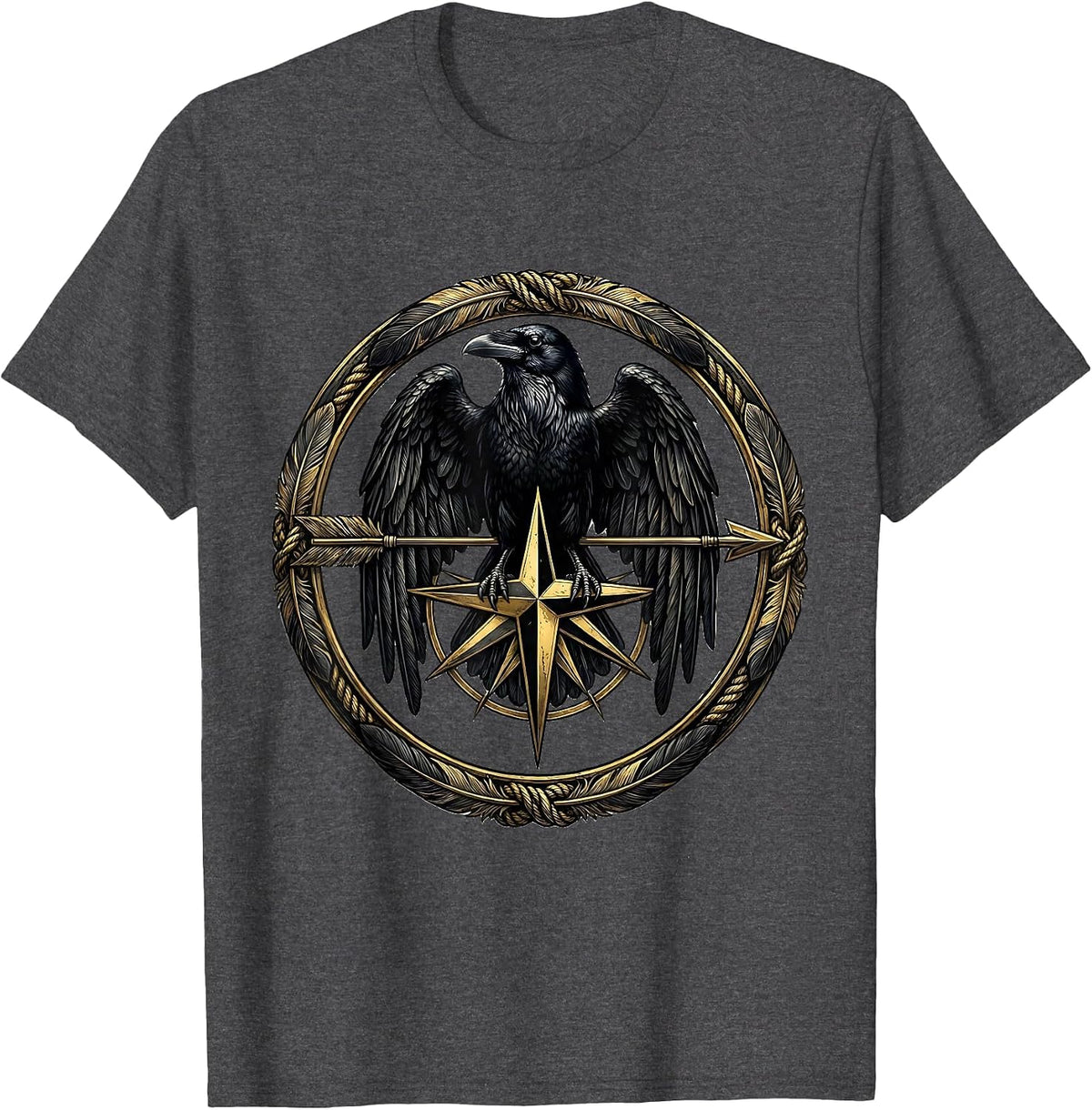 Men's Crow Arrow Compass Rose Tattoo Style Graphic T-Shirt - Dark Heather Grey