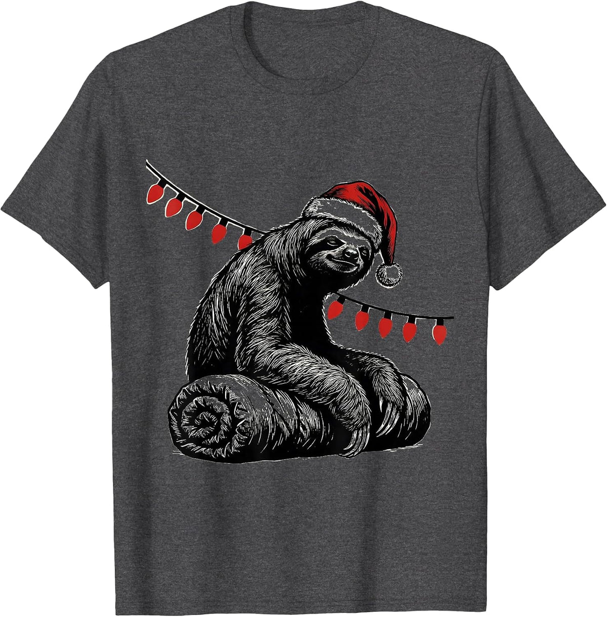 Men's Sloth Sleeping Bag Santa Hat Funny Christmas Lights T-Shirt - Dark Heather Grey