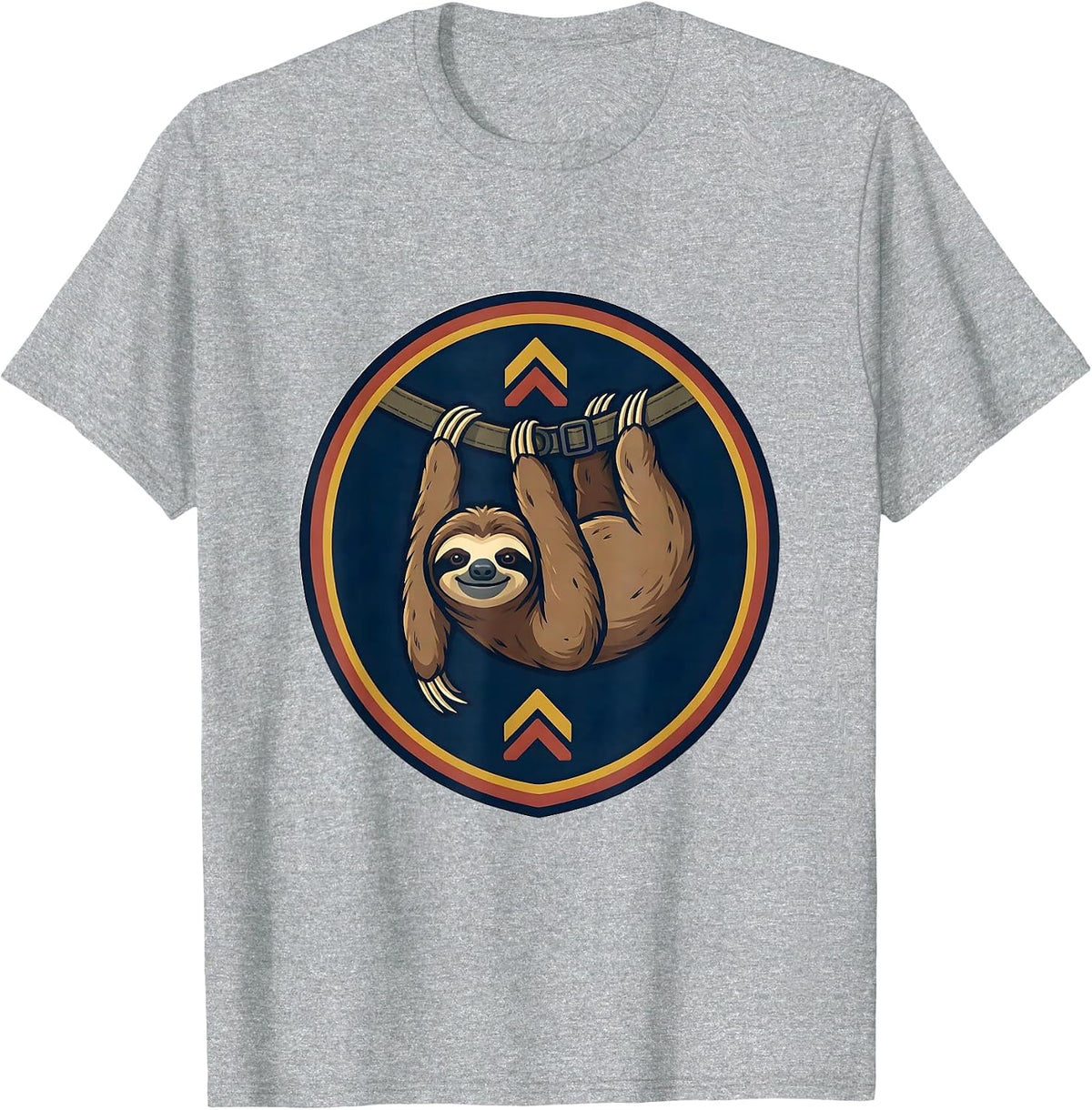 Men's Circular Shield Sloth Badge Hiking Backpack Emblem Humor T-Shirt - Heather Grey