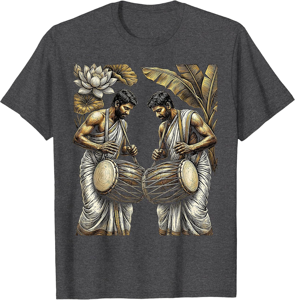 Onam Chenda Drummers Traditional Mundu Illustration T-Shirt - Dark Heather Grey