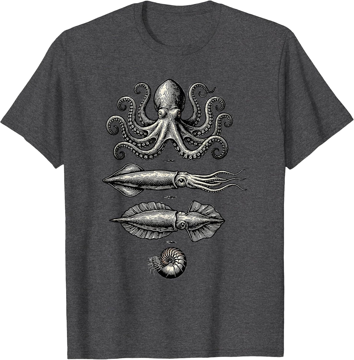 Men's Cephalopod Studies Woodcut Engraving Octopus Lover T-Shirt - Dark Heather Grey