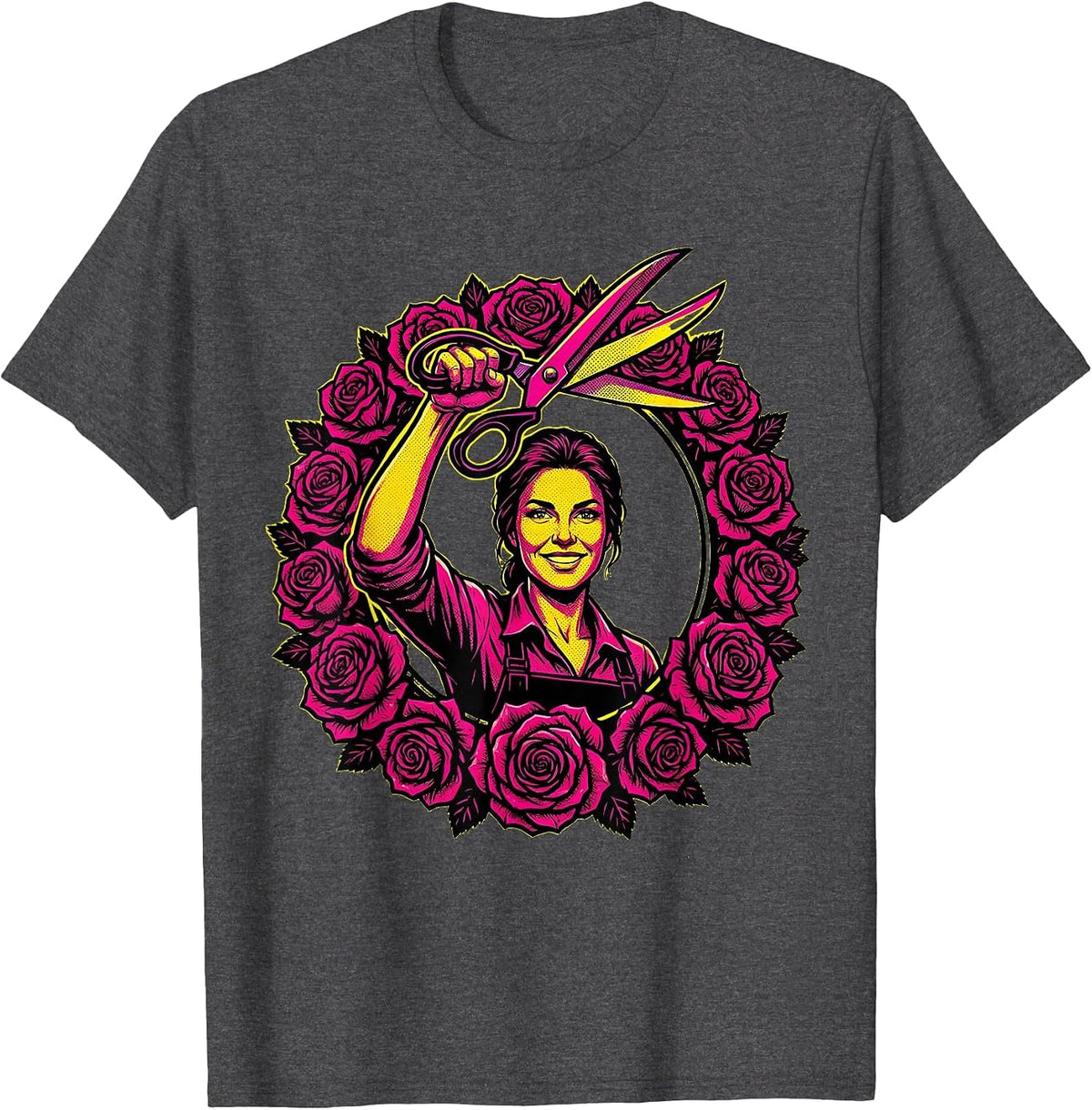 Labor Day Gardener with Shears and Roses Graphic T-Shirt - Dark Heather Grey