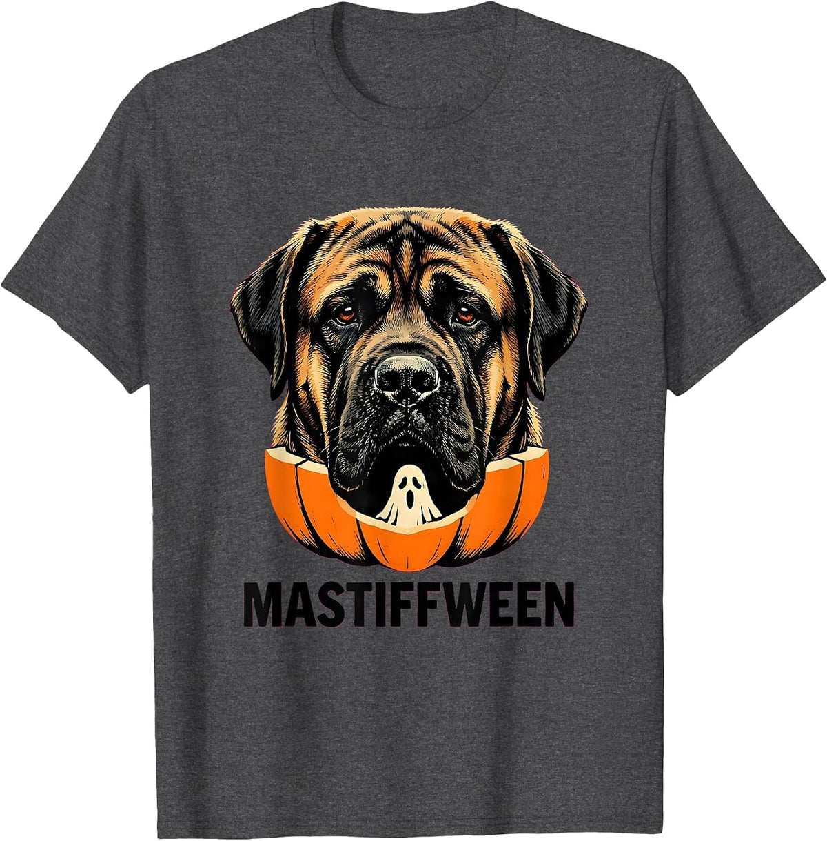 Men's Mastiffween Stencil Graphic Mastiff Dog Halloween Humor T-Shirt - Dark Heather Grey
