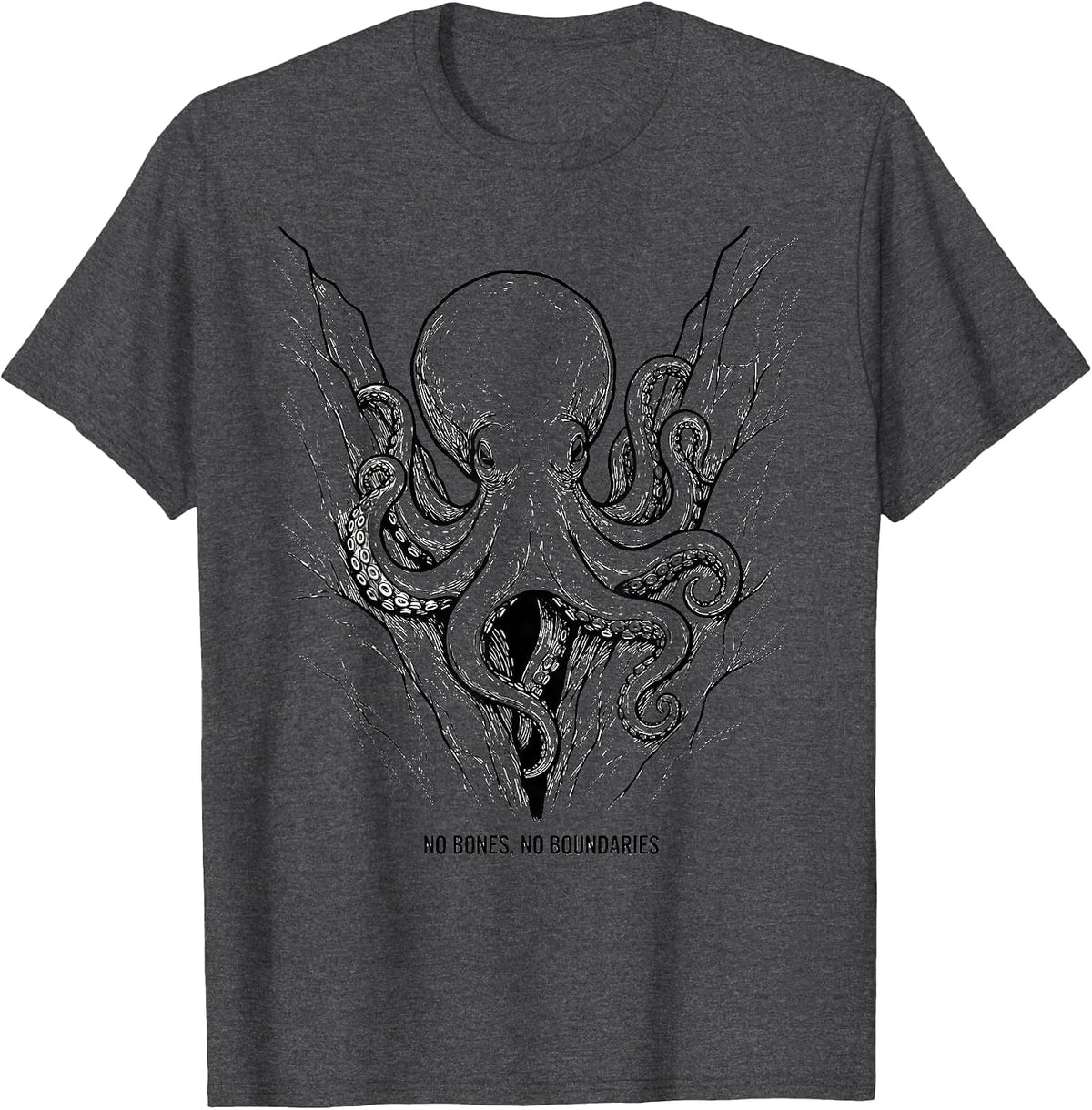No Bones, No Boundaries Line Art Octopus Ocean Animal Lover T-Shirt - Dark Heather Grey