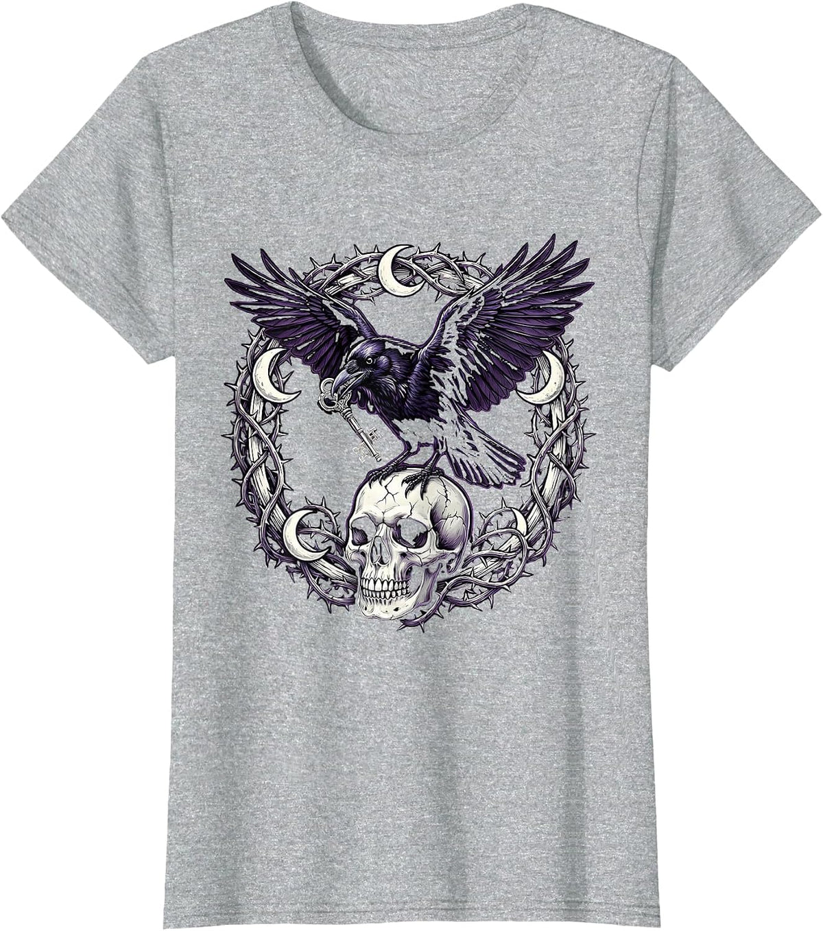 Goth Crow Holding a Key Illustration T-Shirt - Heather Grey