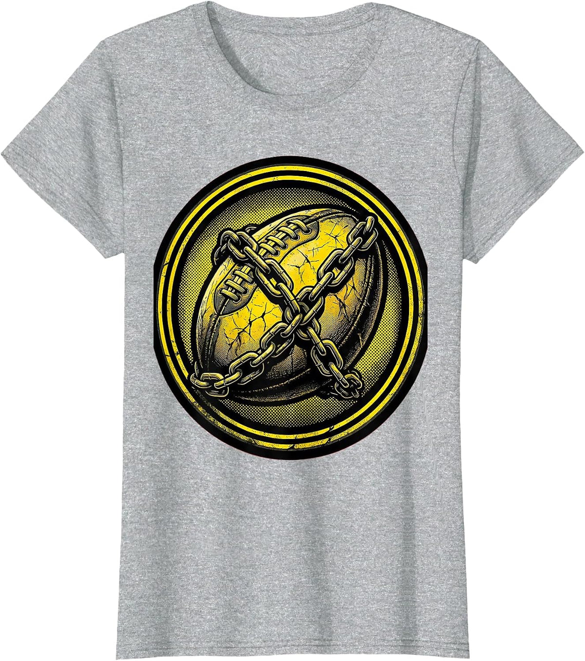 Women's Weathered Rugby Ball Wrapped in Chains Design T-Shirt - Heather Grey