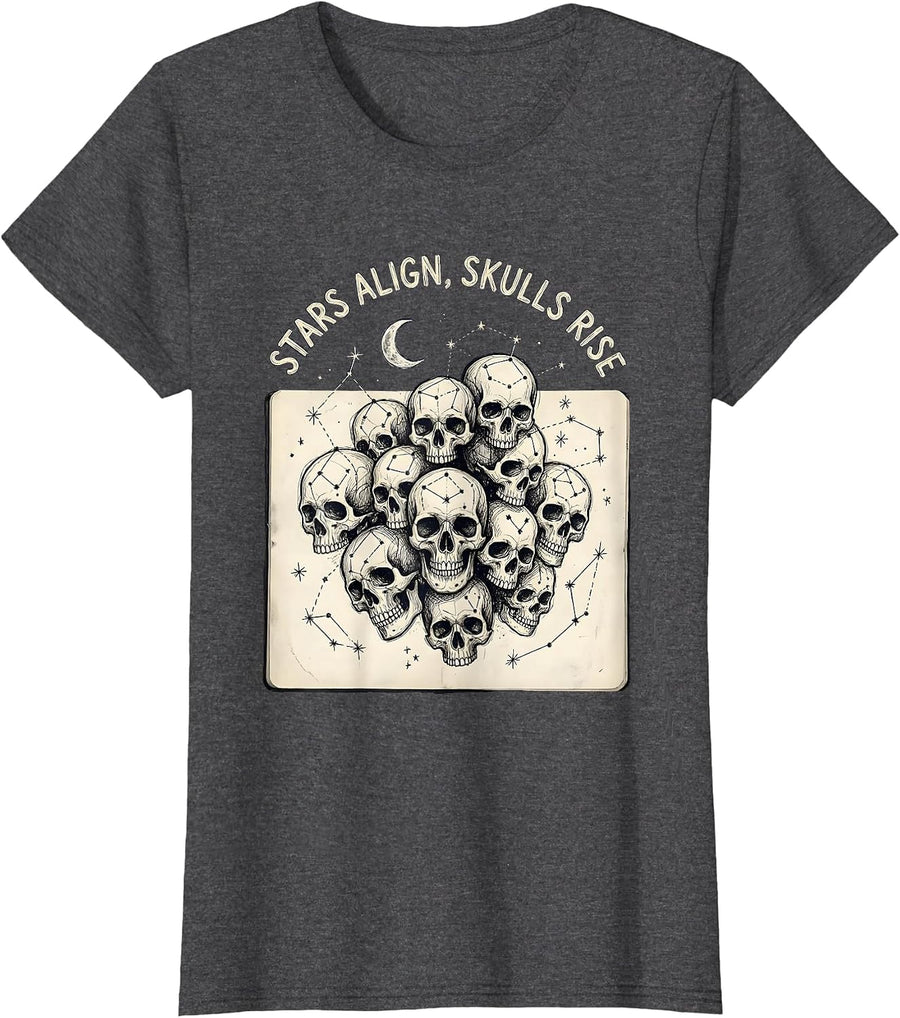 Women's Halloween Tarot Stars Align Skulls Rise Design T-Shirt - Dark Heather Grey