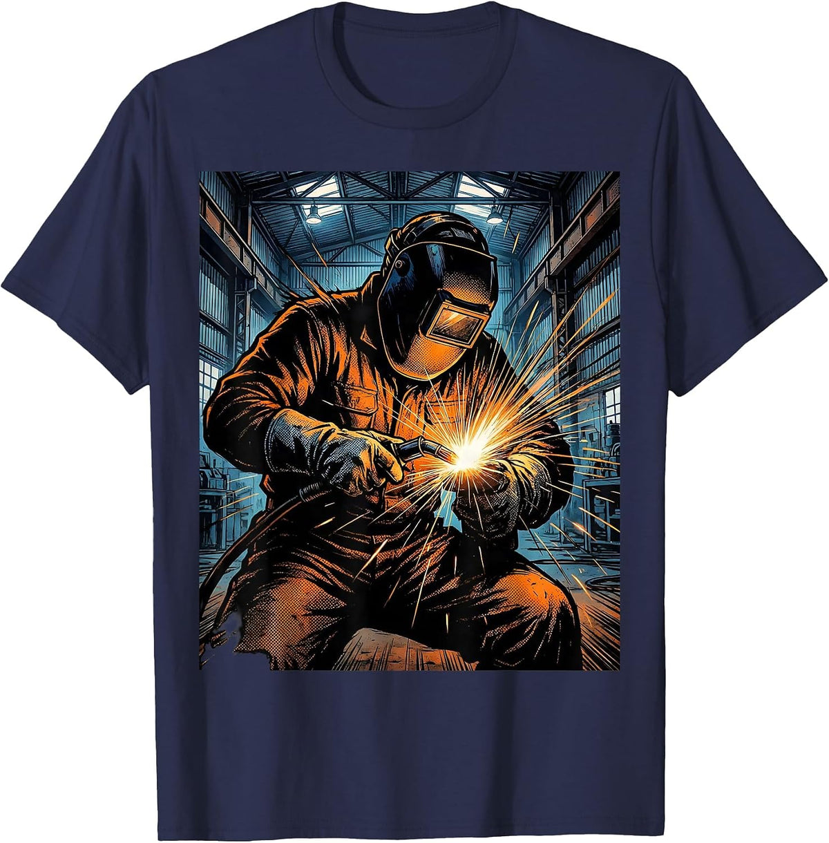 Welder Silhouette Industrial Warehouse Graphic T-Shirt - Navy Blue