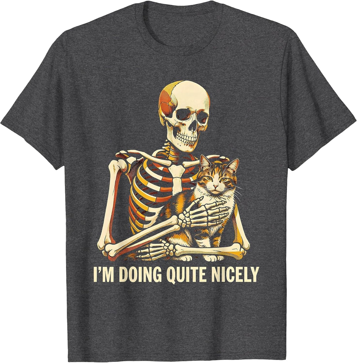 Men's I'm Doing Quite Nicely Risograph Skeleton Hugging Cat T-Shirt - Dark Heather Grey