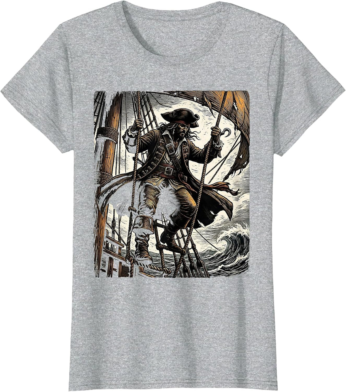 Shadowy Pirate Climbing Ship Rope Ladder T-Shirt - Heather Grey