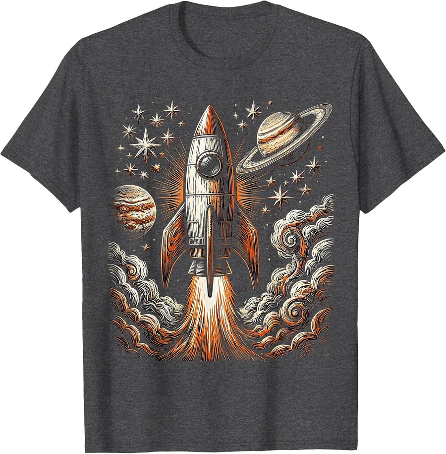 Men's Retro Rocket Ship Colorful Galaxy Space Design T-Shirt - Dark Heather Grey