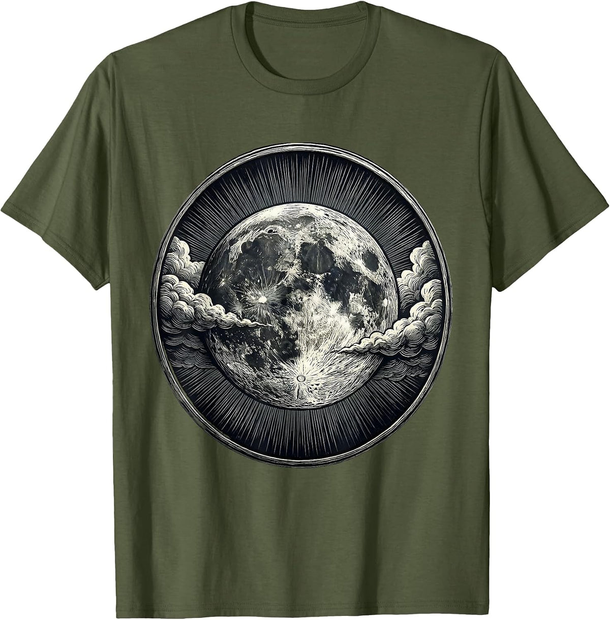 Moon Emerging From Storm Clouds Illustration T-Shirt - Olive Green