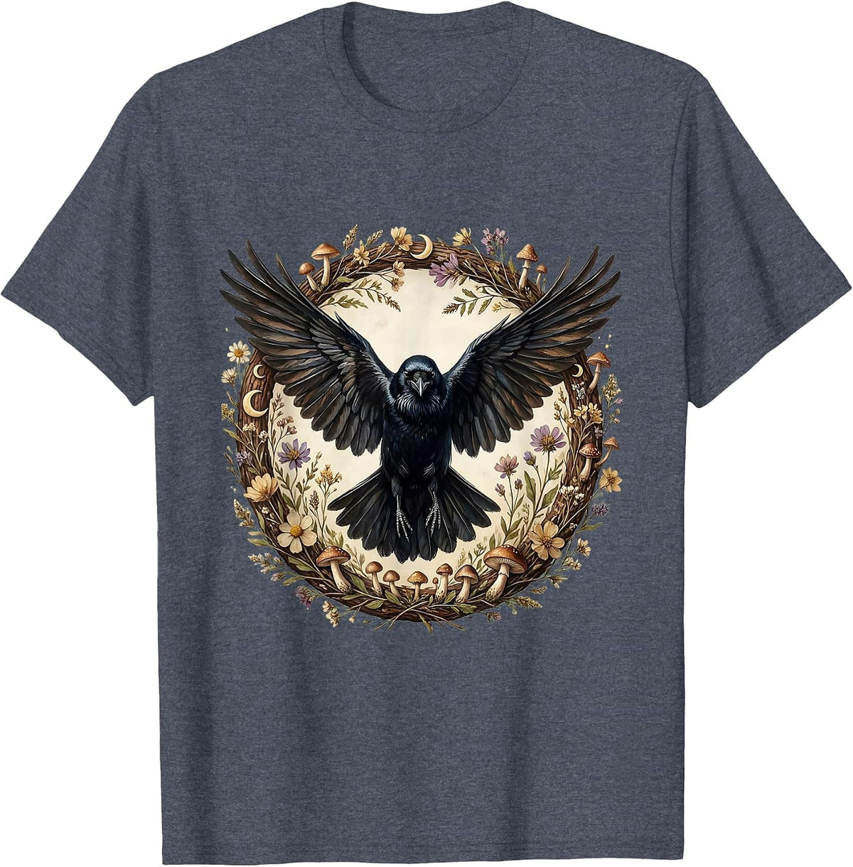 Crow in Flight Spread Wings Bird Art T-Shirt - Heather Blue