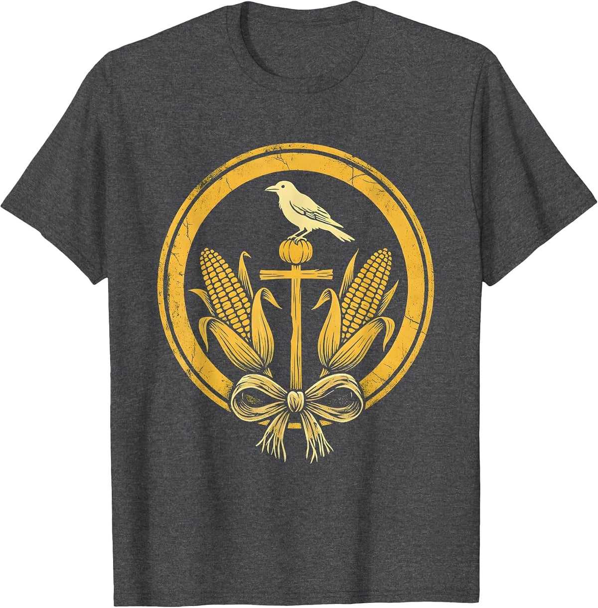 Men's Crow on Scarecrow Fall Cornfield Illustration T-Shirt - Dark Heather Grey
