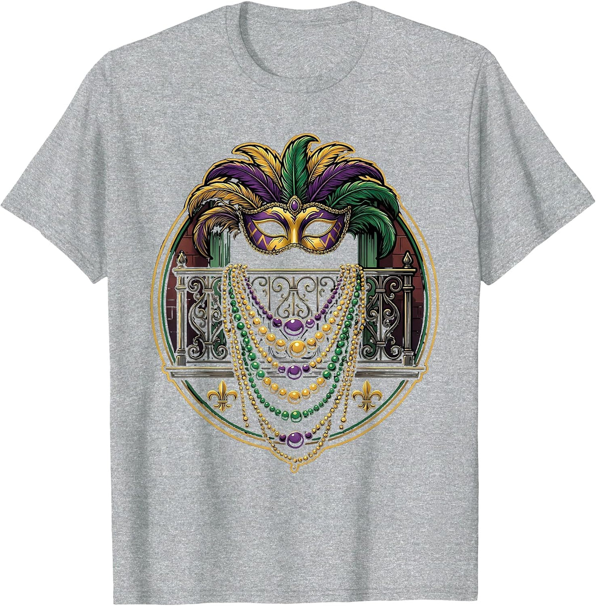 Men's Mardi Gras Bourbon Street Balcony Beads Design T-Shirt - Heather Grey