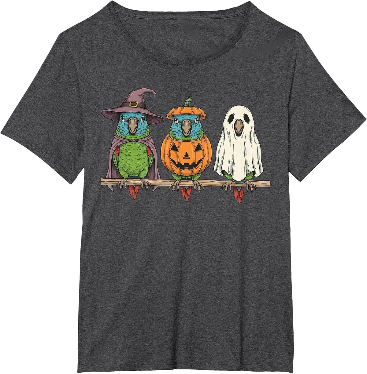Spooky Ghost Blue Crowned Conure Parrot Pumpkin Halloween T-Shirt - Dark Heather Grey