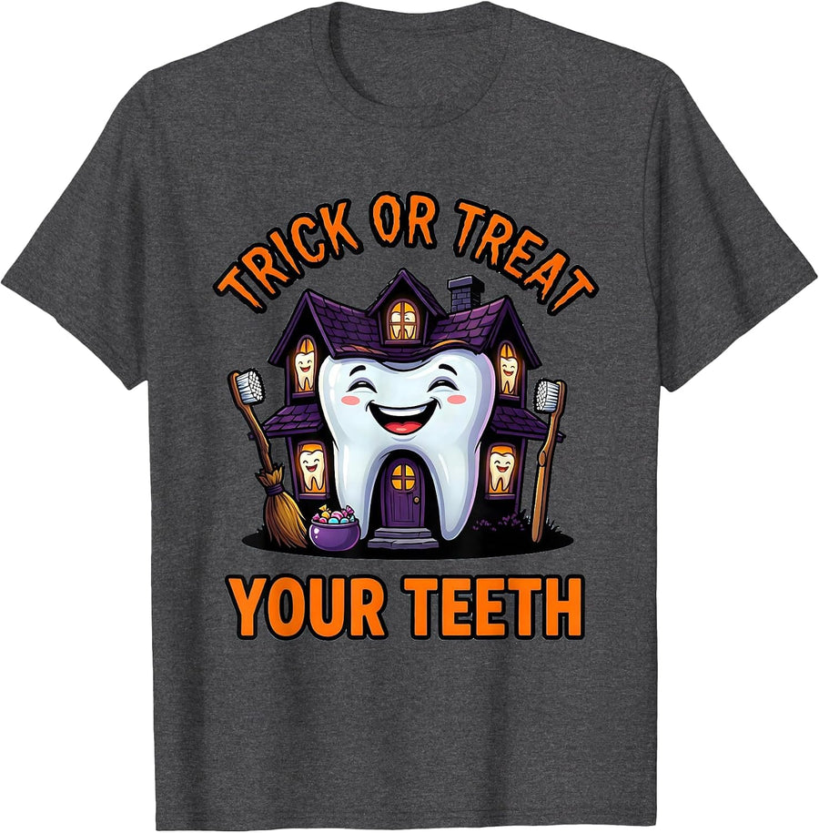 Men's Trick Or Treat Your Teeth Funny Dentist Halloween Costume T-Shirt - Dark Heather Grey