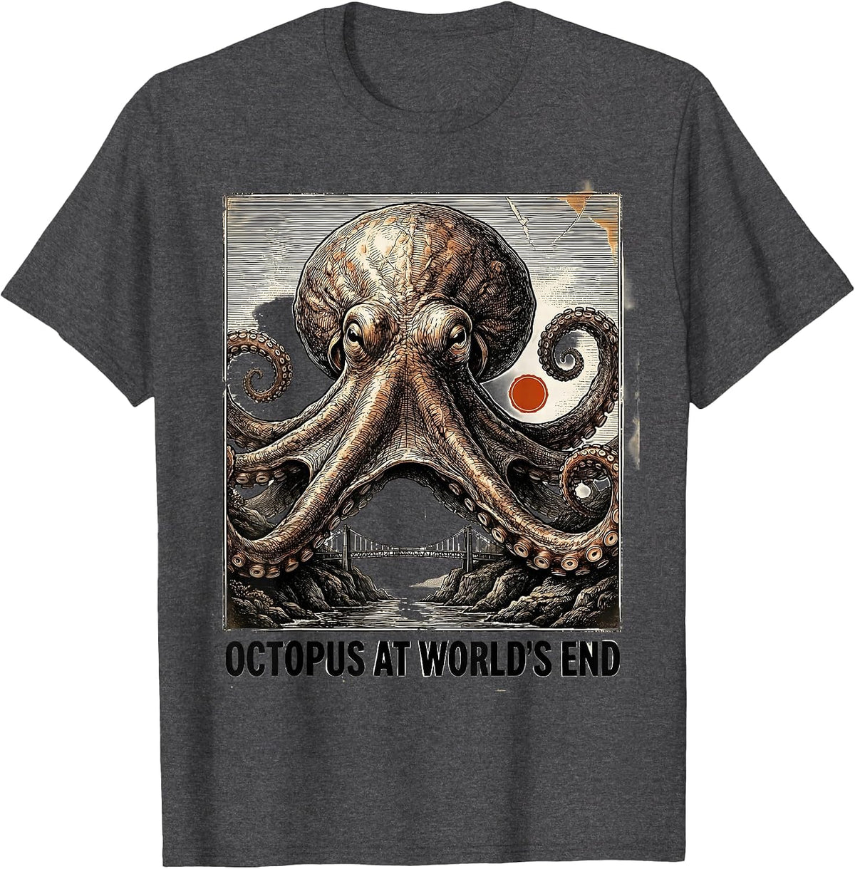 Men's Octopus at World's End Antique Plate-Illustration Octopus T-Shirt - Dark Heather Grey