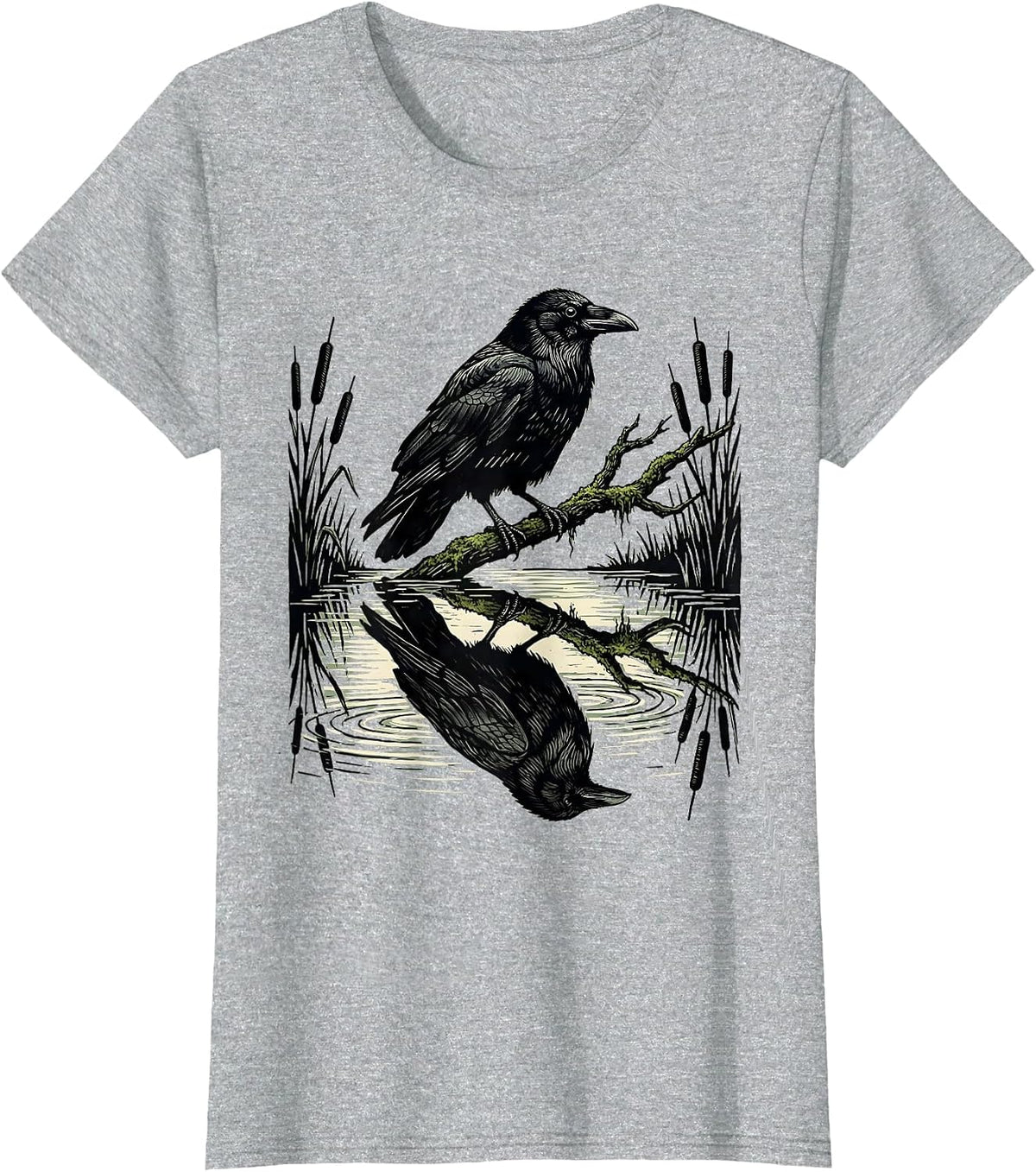 Crow Reflection Still Forest Pond Illustration T-Shirt - Heather Grey