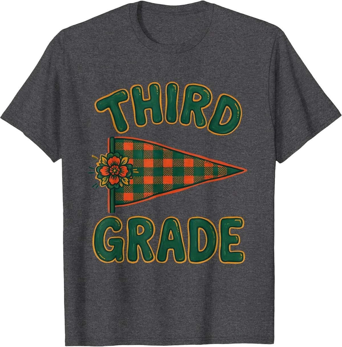 Men's Third Grade Folk Art Pennant Flag Back to School T-Shirt - Dark Heather Grey