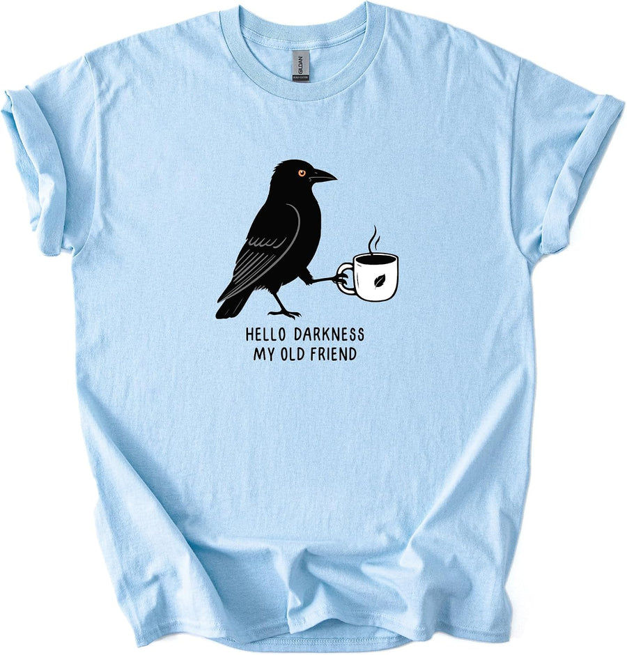 Raven Coffee Shirt - Funny Crow Hello Dark.Ness My Old Friend T-Shirt, Cute Halloween Tee - Light Blue