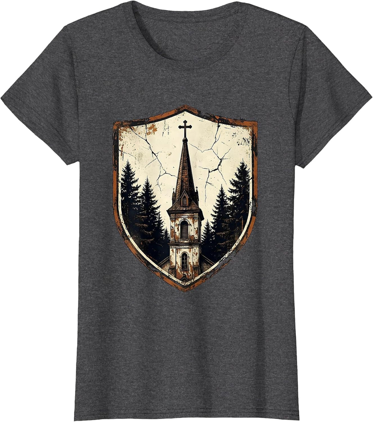 Women's God Family Country Old Church Steeple Design T-Shirt - Dark Heather Grey