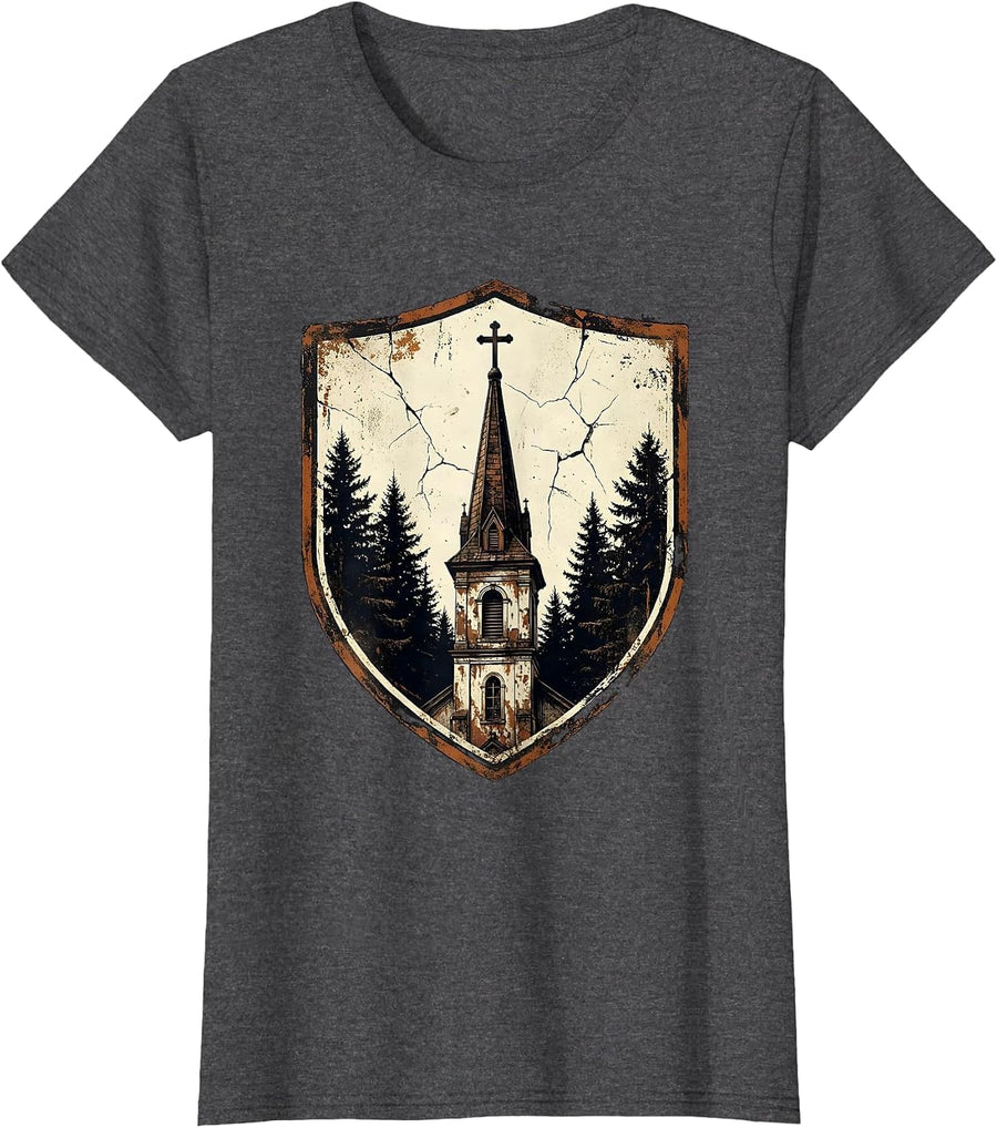 Women's God Family Country Old Church Steeple Design T-Shirt - Dark Heather Grey