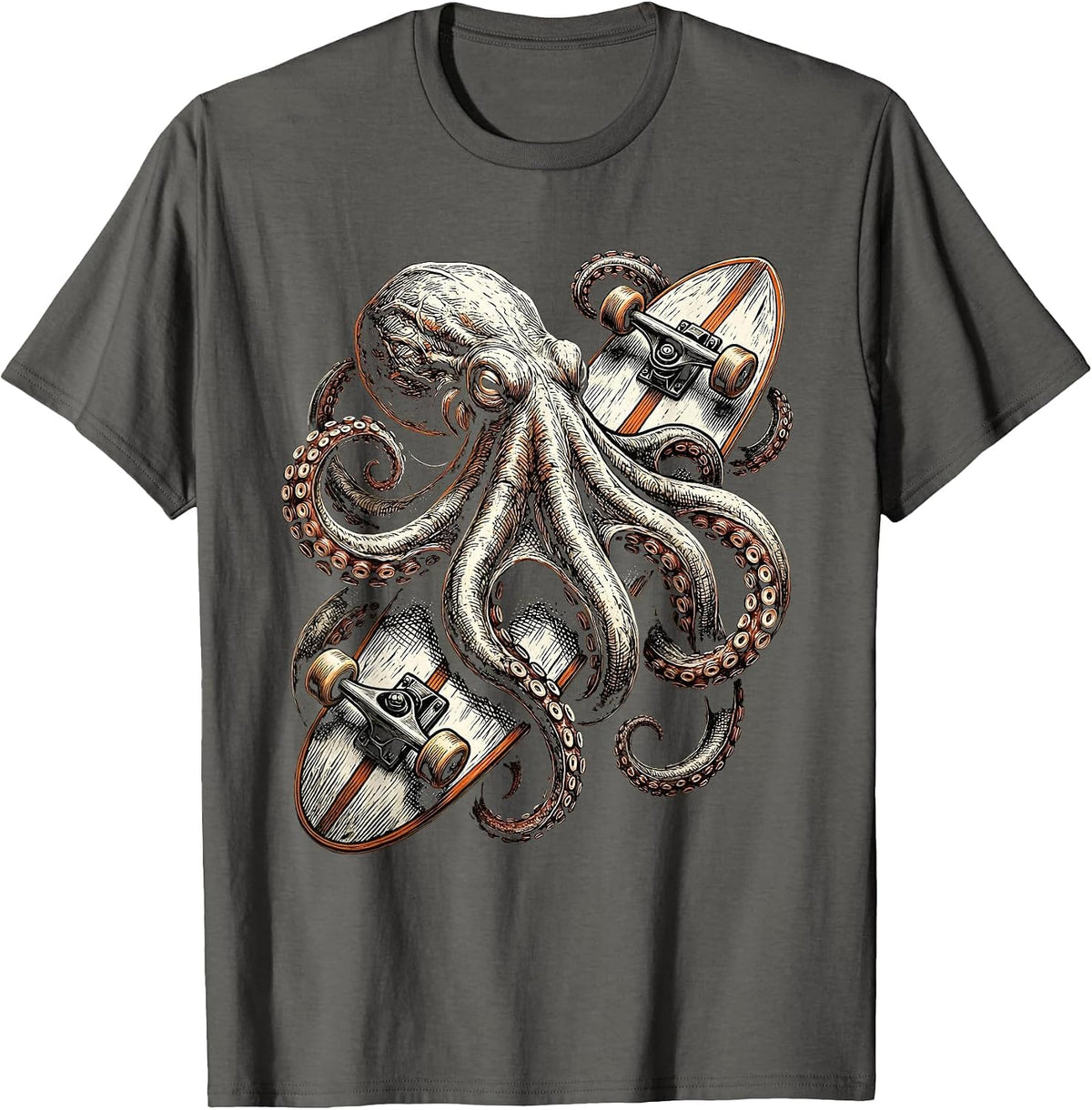 Men's Octopus Surfboard Surf Art Graphic Tee T-Shirt - Asphalt Grey