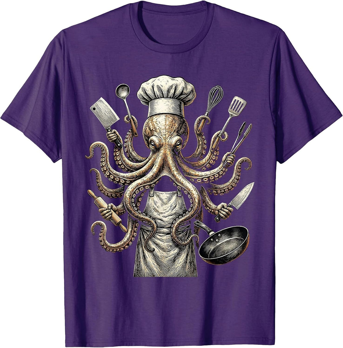 Men's Octopus Chef Holding Eight Kitchen Tools T-Shirt - Purple