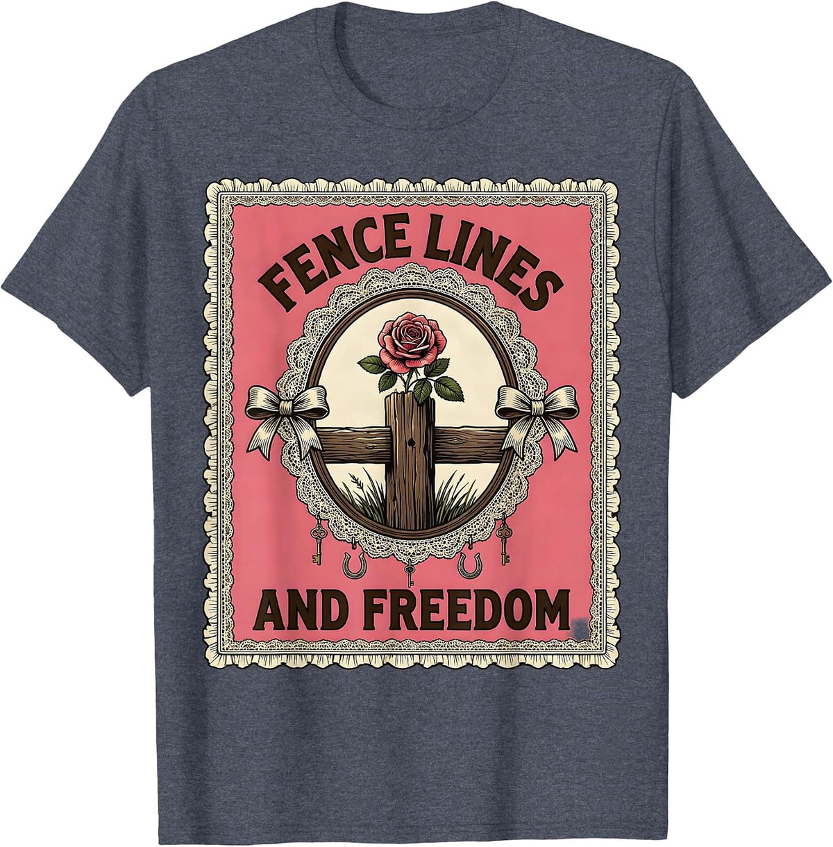 Fence Lines and Freedom Country Life Design T-Shirt - Heather Blue
