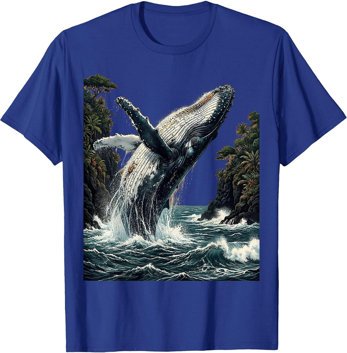 Aloha Whale Breaching Volcanic Island Cliffs T-Shirt - Royal Blue